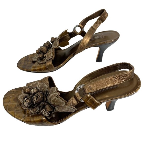 BRIGHTON Raya Bronze Floral Embellished Heeled Sandals SZ 9.5M Benchmade Brazil - Picture 3 of 8